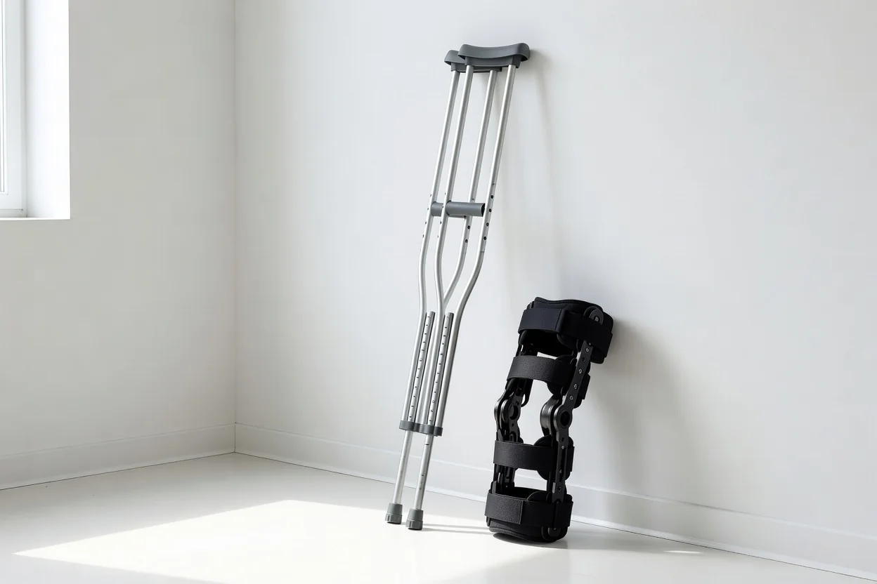 Knee brace and crutches leaning against a treatment room wall