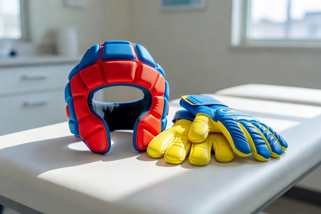 Goalkeeper headguard and gloves resting on a treatment table