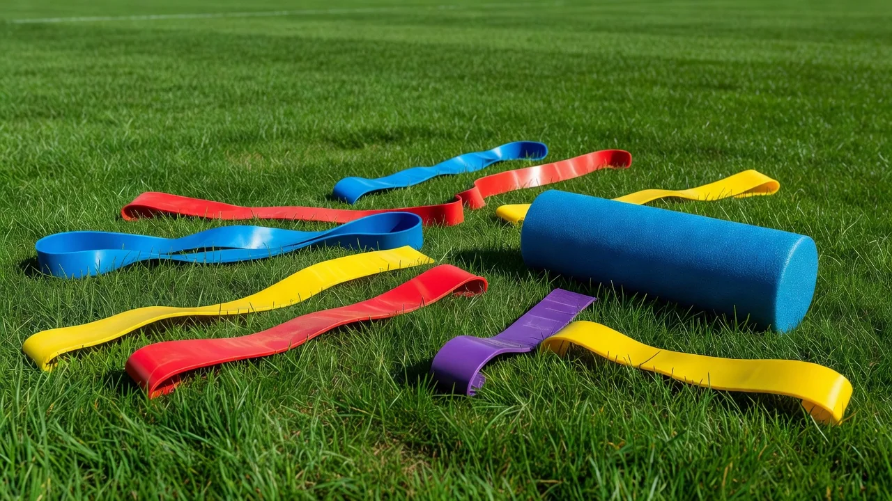 Resistance bands and a foam roller laid out on a training pitch