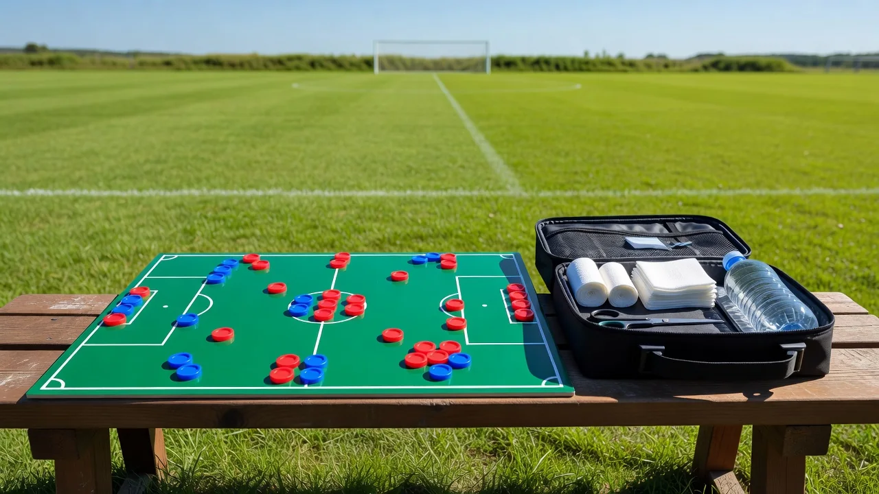 Tactics board with magnet counters and a medical bag on a bench
